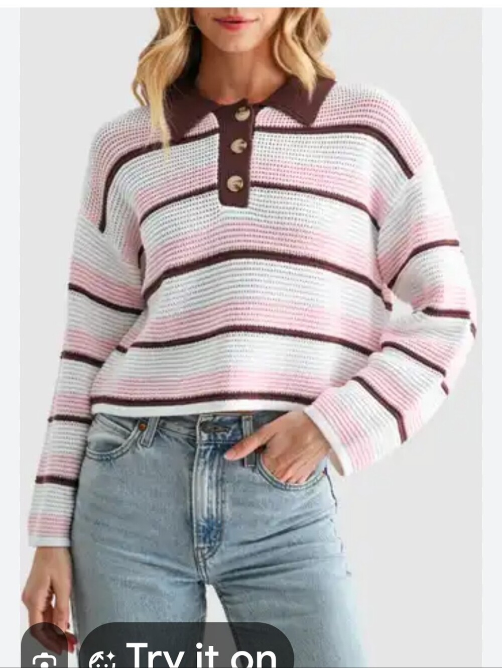 Lush  Brown Pink & White Long Sleeve Striped Polo Sweater Size XL NWT